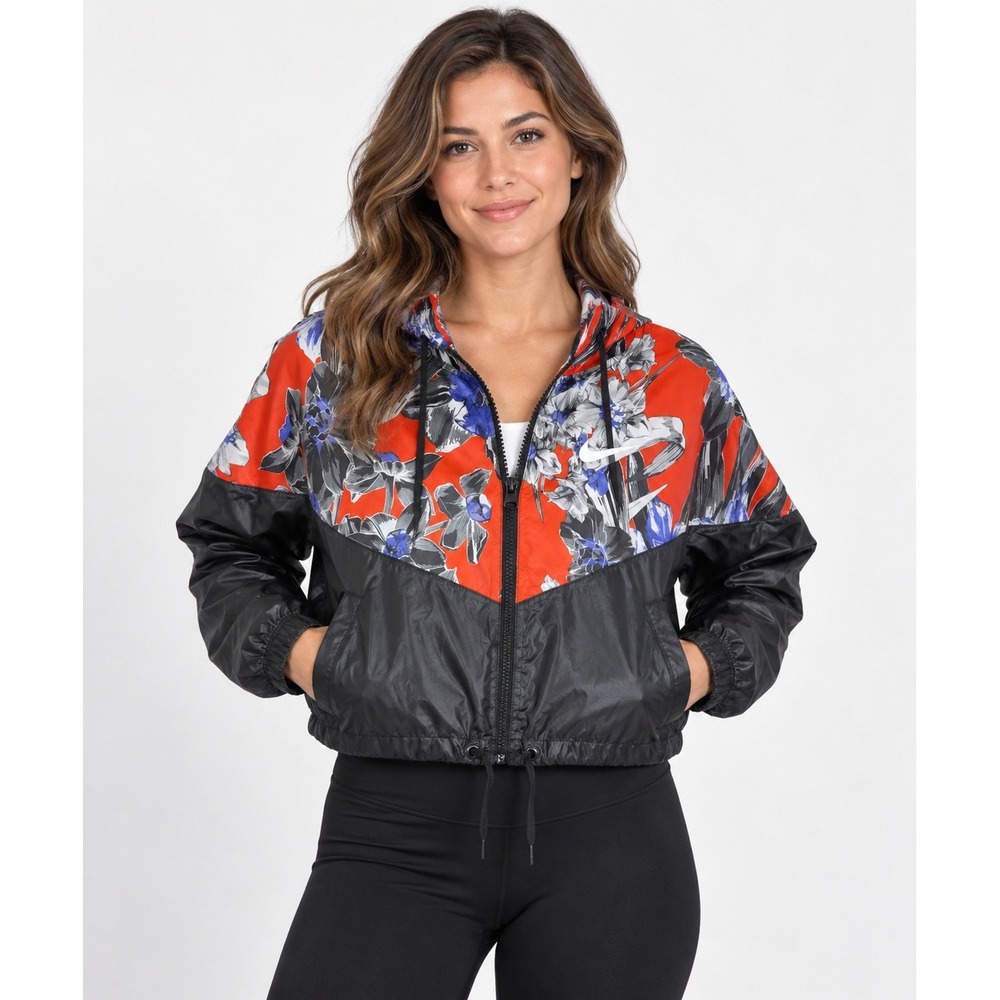 Nike Sportswear Womens S Floral Cropped Windrunner Jacket Black Red Hooded